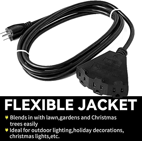 Greatide 6 Ft Outdoor Extension Cord With 3 Electrical Power Outlets - 16/3 Sjtw Durable Black Cable With 3 Prong Grounded Plug, Ul Listed #TOP4