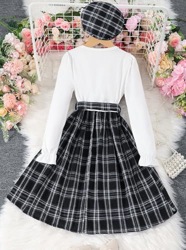 Hilinker Girls Plaid Ruffle Long Sleeve Dress Ribbed Belted Pleated Dresses with Hat2