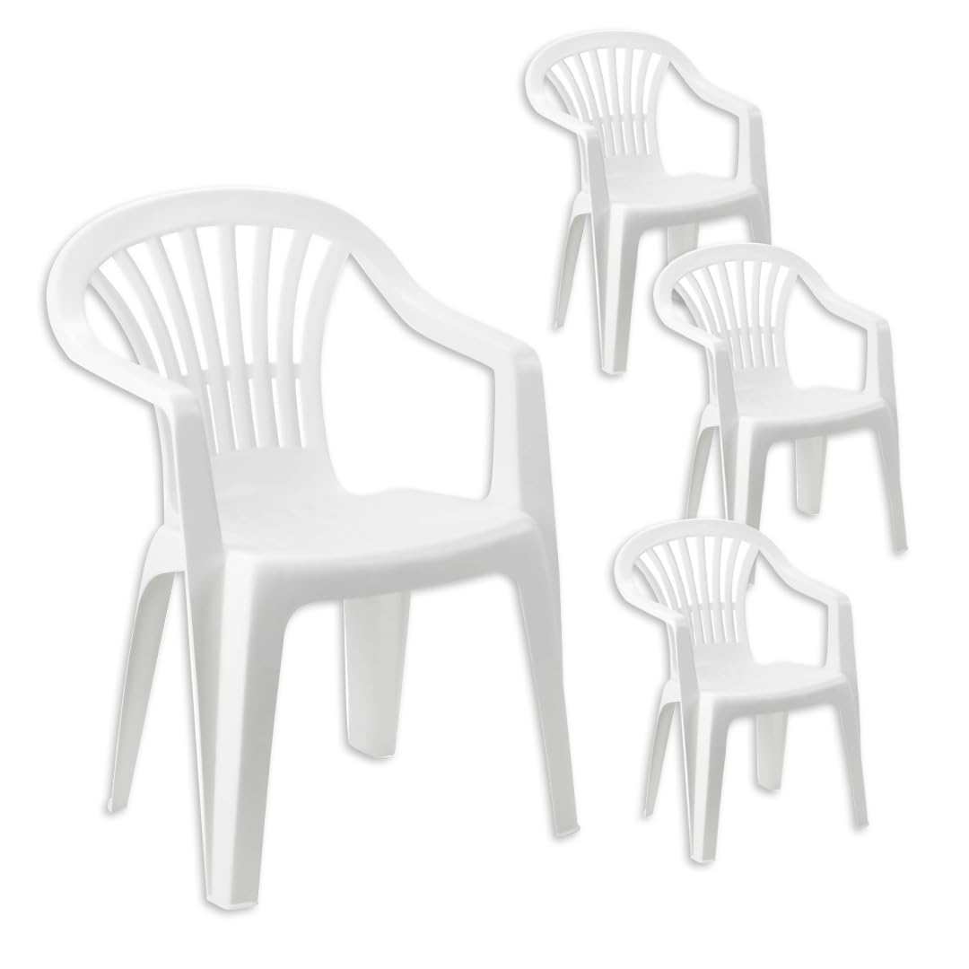 Set Sedie da Giardino - per Esterno, in Resina, Bianco, Braccioli Ergonomici, Schienale Basso, Impilabili, Impermeabile, Resistente - 55 x 53 x 82 cm