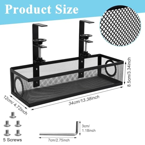 Image of Shantanu Adjustable Under Desk Cable Organizer Rack (Black) - Metal Wire Management Tray for Power Strips, Extension Cords & Cables - Clamp-On or Screw-Fixed Desk Holder for Home & Office Tray