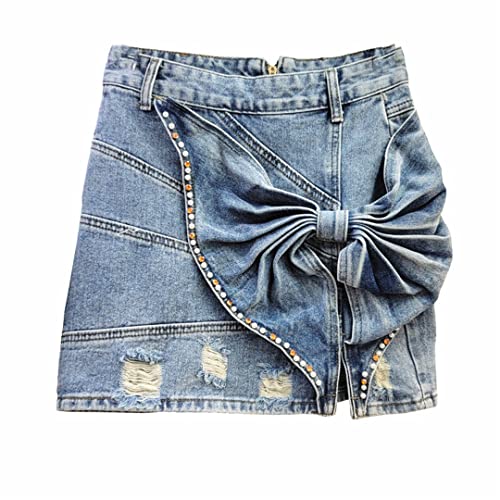Minifaldas De Verano Lazo Tridimensional con Cuentas A-Line Cremallera De Mezclilla Detrás De Faldas Ajustadas A La Cadera