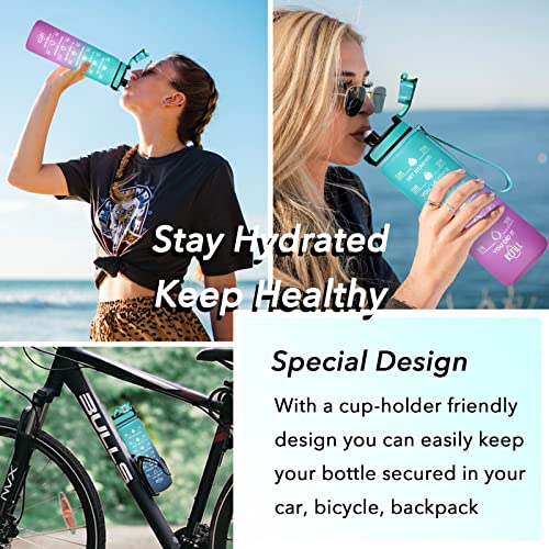 Image of Enerbone 32 oz Leakproof BPA & Toxic Free Water Bottle With Times to Drink and Straw, Motivational Fitness Sports Bottle With Strap for Office, Gym, Outdoor Sports, Green-Purple