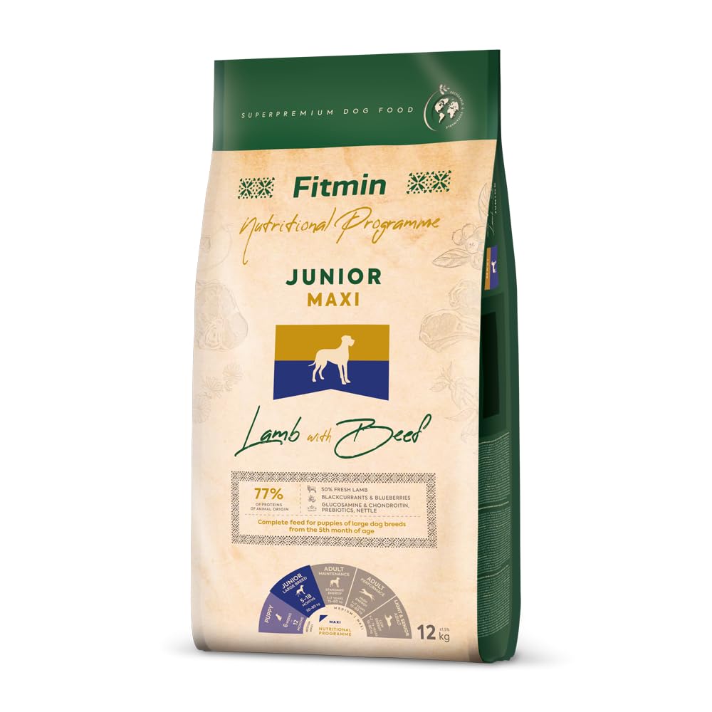 Fitmin Medium Maxi Junior Lamb with Beef | Comida seca para perros | Alimento con cordero y carne de vacuno | 77% de materias primas animales | Para cachorros de razas grandes y gigantes | 12 kg