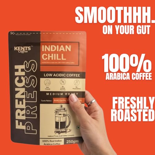 Image of Kents Coffee Indian Chill | LOW ACIDIC COFFEE | Best Medium Roast Arabica | Course Grind | For FRENCH PRESS Grind & Channi | Taste Bold & Earthy with Dark Chocolate Notes | 100% ARABICA | Premium Indian Coffee | Chikmangalur Single Estate Speciality Pouch | Choco & Strong Medium Roast Washed Arabica (200 g Pack)