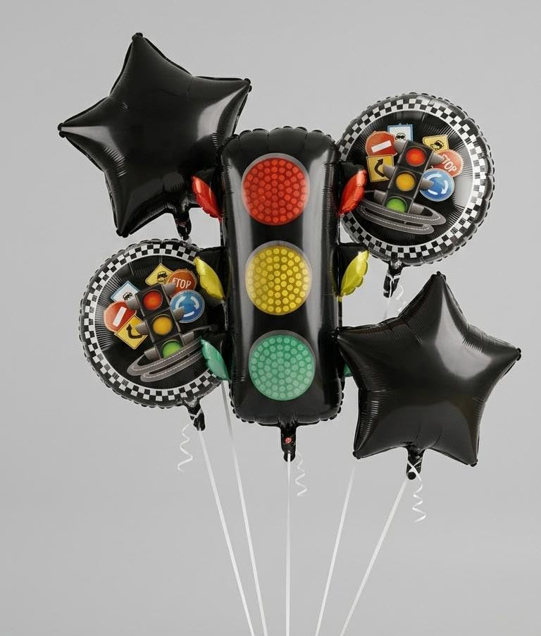 Image of Atpata Funky Traffic Signal Foil Balloon Set for Birthday Decoration | 5 PCS Party Decor Kit (1 Large Signal Light, 2 Round, 2 Star Balloons) | Kids Theme Balloon Set for Party Decoration