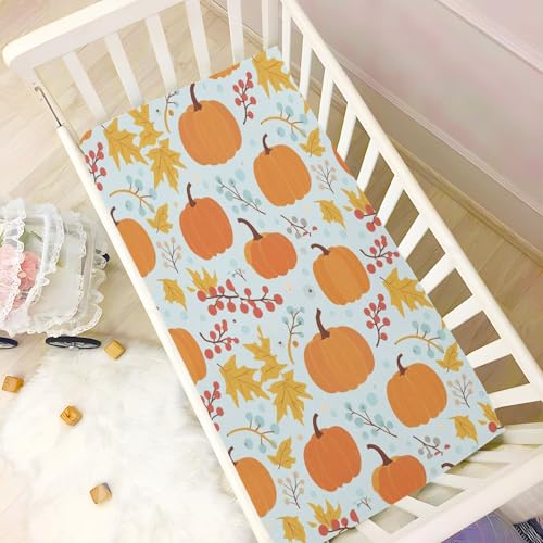 Image of Caikeny Halloween Fitted Crib Sheet for Boys Girls Autumn Leaves Pumpkin Berries Baby Crib Sheets Bassinet Sheets Crib Mattress Bed Sheets for Toddler Newborn Infant 27 x 39 in