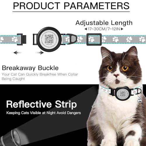 Image of Waterproof Cat Collar with QR TAG & Reflective, Footprints Pattern, Lightweight Kitten Collar for Apple Tag, Hidden GPS Tracker Holder for Cats, Kittens (Teal) (7-12 inch)