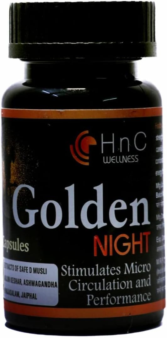 HnC WELLNESS Golden Night Herbal Capsules Natural Ayurvedic Actives For Strength, Stamina, Power, Energy & Performance with Ashwgandha, Musali, Jaiphal, Kesar, Shilajit, Javitri & more 9 Herbs