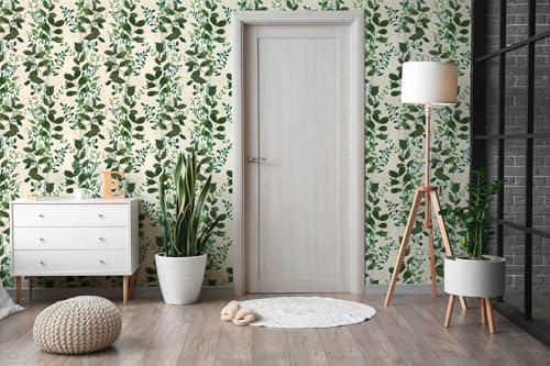 Profhome Papel pintado floral 791868-GU no tejido blanco y verde gris-oliva de 0,53 m 7