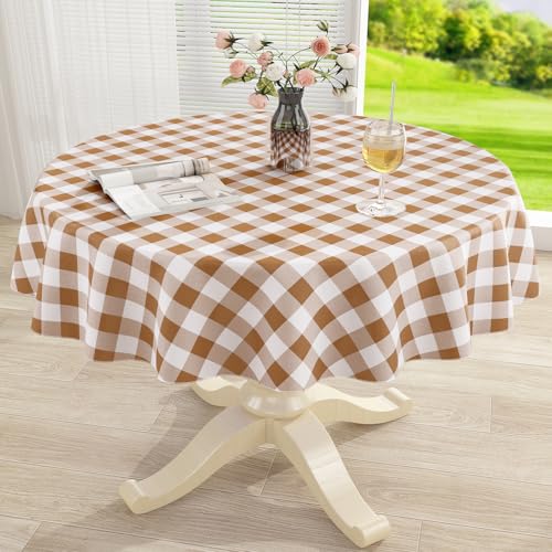 Image of misaya Round Waterproof Vinyl Table Cloth, Buffalo Flannel Backed Tablecloth, Wipeable Plastic Table Cover for Dinner, Kitchen, Picnic (60 inch, Brown and White)