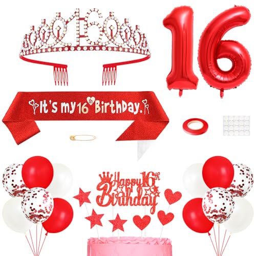 16th Birthday Decorations for Girls, Princess Crown Queen Tiara, It's My 16th Birthday Sash, 16 Year old Cake Topper, Number Balloons Set for Party Supplies, Red