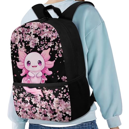 Yzaoxia Axolotl School Backpack for Girls Pink Kids Girls School Bags 10-12 Years Old Cherry Blossom Bookbags with Adjustable Straps4