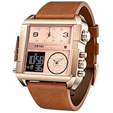 SKMEI メンズ デジタル スポーツウォッチ LED スクエア ラージ フェイス アナログ クォーツ 腕時計 マルチタイムゾーン 防水 ストップウォッチ, ローズゴールドブラウン。, デジタル。