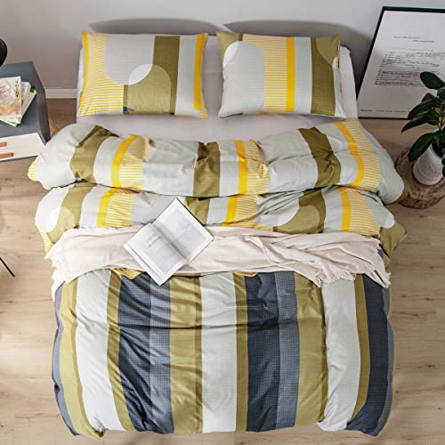 Bohemian Queen Bedding Duvet Cover Set - Green Gray White Interval Stripes Ethnic Boho Printed In White 3 Pieces Ultra Soft Breathable Comforter Cover Extremely Durable #TOP4