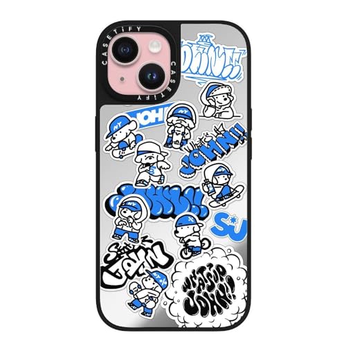 CASETiFY Magsafe �Ή��~���[ iPhone 15 �P�[�X [���ː� / 1.5m����̗����������N���A / Magsafe �ɑΉ�] - miniJOHN - �V���o�[ (�u���b�N�o���p�[)