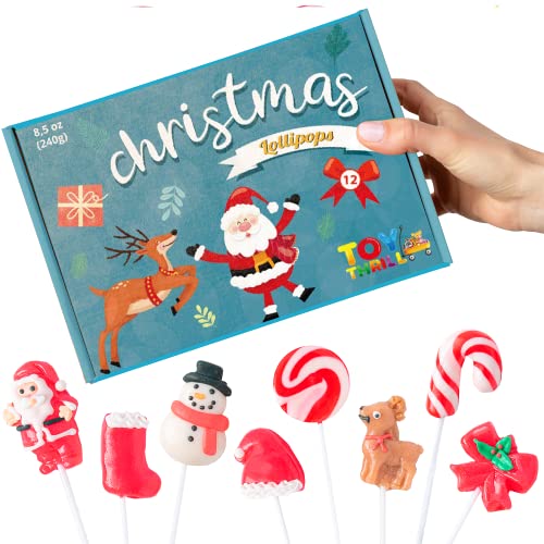 ToyThrill Christmas Lollipops - Assorted Lollipops - Santa Claus, Snowman, Swirl, Candy Cane Design - Sweet Holiday Candy with Gift Box for Holiday Party, Stocking Stuffers - 12 Pops per Pack, 240g