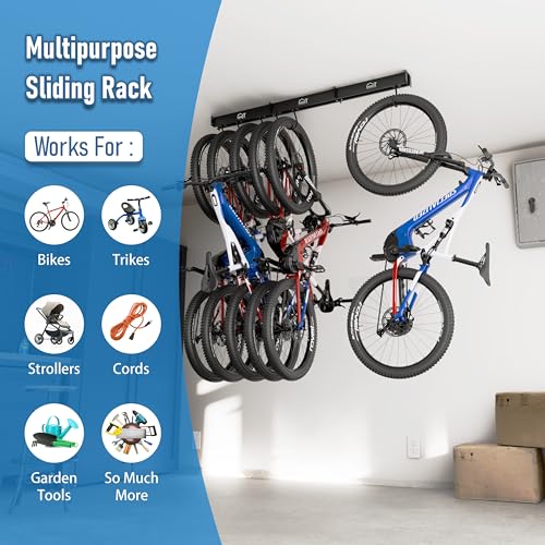 USA-Based-Ceiling-Bike-Rack-Garage-Storage-Mount-Bicycle-Hanger-For-Up-To-6-Bikes-Sliding-51-Heavy-Duty-Hook-Racks-With-Padded-Hanging-Mounts-Hooks-Hangers-Black-3-Rails-6-Hooks