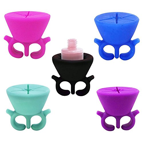 Aeeque 5pcs the Soft Flexible Silicone Wearable Nail Polish Varnish Bottle Holder Ring for Female Women Girls - Blue + Green + Hot Pink + Black + Purple