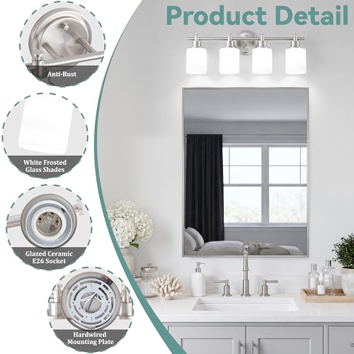 Image of 4-Light Bathroom Vanity Light, 23 In Brushed Nickel Vanity Light Fixture | Modern Anti-Rust Wall Sconce over Mirror with White Frosted Glass Shades, Bathroom, Hallway, 23 Inch, E26(Bulbs Not Included)