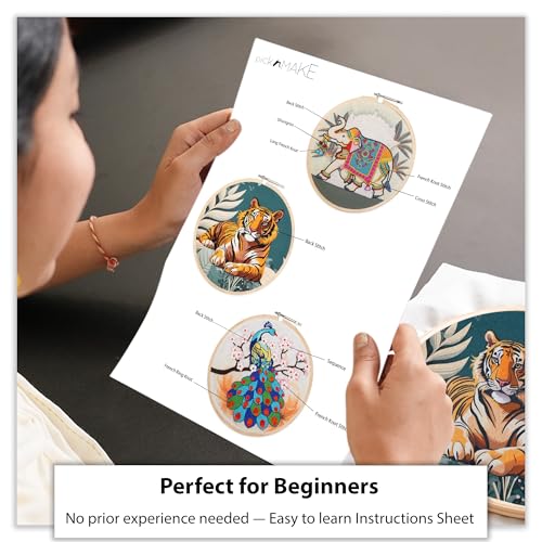 Image of picknMAKE Combo of 3 Full DIY Hand Embroidery Kits for Beginners | New Hobby Kit for Adults & Kids | Pre-Printed Fabric Panels with Threads, Needles, Hoop, Sequins & Instruction Guide