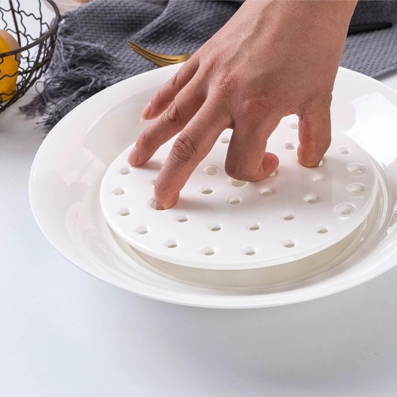 Kamelar. Lava 10-inch white ceramic dumpling plate, double-layer perforated plate, Chinese dumplings, can be used to hold dumplings, dry ice, fruits, and sashimi.