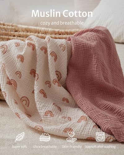 Image of Blissful Diary Muslin Mini Crib Sheets, Pack and Play Mattress Sheets Fitted for Pack N Play, Soft Cotton for Boys Girls, 2 Pack(Dusty Pink&Rainbow)