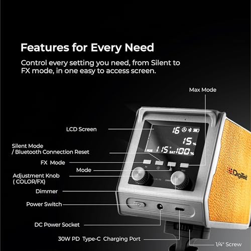 Image of DIGITEK (DCL-100 WBC) 100W Bi-Color Continuous LED Light with Mini Bowen Mount & Reflector, 2700K-6500K+200 Color Temp, 20FX Modes, 97+ CRI, 0-100% Brightness, APP Control, Lighting for Videography