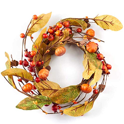 Pack of 2 Artificial Autumn Pumpkin and Berry Candle Rings or Mini Wreaths for Fall, Halloween and Thanksgiving Decorations (9-1/2" Dia)