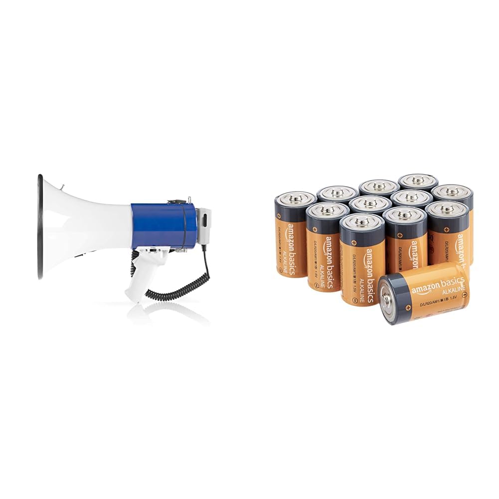 Nedis - Megafono - Microfono Staccabile - Sirena Integrata - 25 W - Tracolla - Volume Regolabile & Amazon Basics - Batterie alcaline Mono D, 1.5 volt, per uso quotidiano, confezione da 12