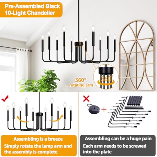 Lynnoland Black 10-Light Chandelier, Farmhouse Chandeliers for Dining Room Lighting Fixtures Hanging, Vintage Candle Pendant Light Fixtures Chandelier for Bedroom, Foyer and Living Room
