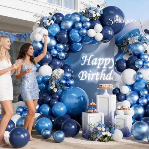Image of Blue Balloons Arch Kit 155Pcs Navy Light Blue White 18 10 5 Inch | Metallic Blue White Different Sizes Latex Balloon Garland for Birthday Anniversary Fathers Day Party Decorations