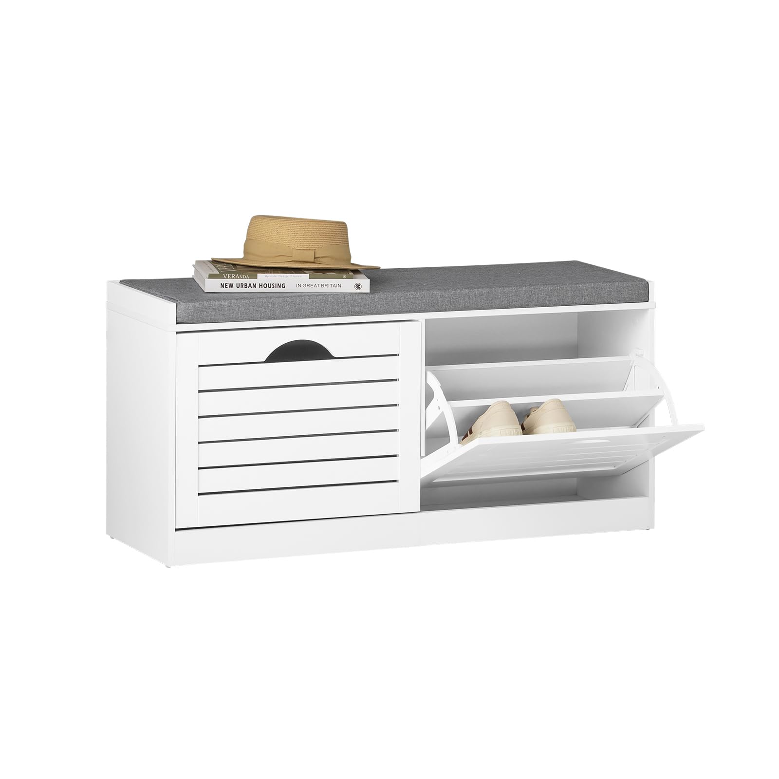 SoBuy Banco Zapatero con Asiento Zapatero Entrada Recibidor - Banco Almacenaje con Cojín Ergonómico, Capacidad 8 Pares, Diseño Compacto para Pasillos Estrechos - Blanco, 97x30x47 cm - FSR62-II-W