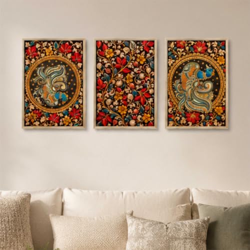 Image of Livin'luxe Set of 3 Abstract Peacock Flowers Wall Paintings for Living Room Bedroom Home Decor with Premium Wooden Color Synthetic Frame (13.5 x 19.5 Inch) NM03-72