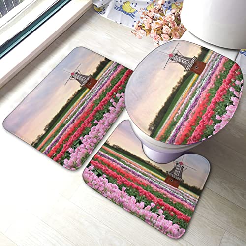 DIRYKILP Badematte + Konturmatte + Toilettendeckelbezug, schönes Blumenfeld 3 Stück Badematte Set, mit rutschfester Klebeunterseite