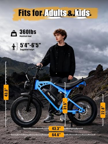 Image of Electric Dirt Bike Adults, 1300W Peak 52V20.8Ah ebike, 20+MPH 20 inch x4.0 Fat Tire, Streamlined E-Motorcycle with 7 Speeds for Youths, V200，Blue with Rear Rack + Footrests