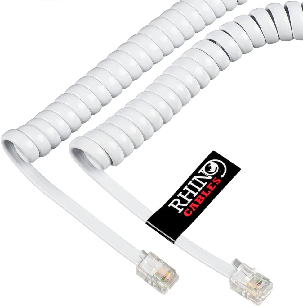 rhinocables RJ10 Coiled White Phone Cable (2m) Anti-Tangle Curly Handset Cord for BT Landline, Fax & Office | 4-Core Full Copper Wire with Gold-Plated 4P4C Connectors | 2m, 3m & 5m Options (1 Pack)