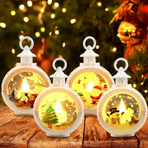 Faroles de Navidad 4 Piezas, Farol de Decoración Navideña con Luz LED Blanca Cálida, Farol de Navidad con Velas LED, Decoración de Navidad para Interiores y Exteriores