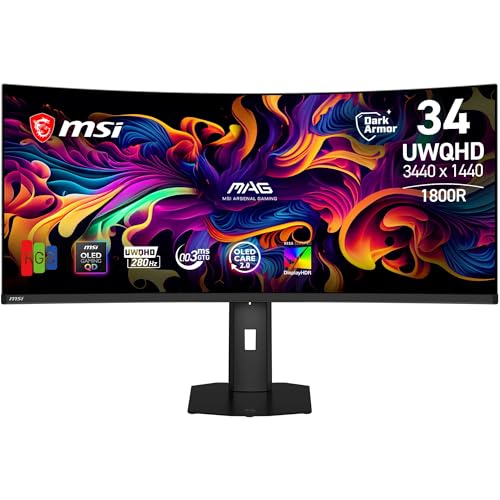 MSI MAG 341CQP QD-OLED X28 Écran Gaming incurvé 34.18" UWQHD | Dalle QD-OLED 3440x1440, 280Hz, 0,03ms, courbure 1800R, compatible VESA, HDMI, DP, USB-C, compatible G-SYNC et FreeSync