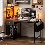 Gaming Desk 47 Inch with Power Outlet and LED Light, Computer Desk with Reversible Shelves and Storage Drawer, Pc Small Desk for Home Office Table with Bag, Carbon Fiber Black - Image 2