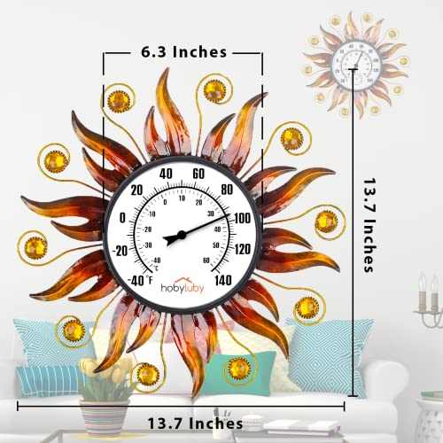 Hobyluby 13'' Metal Outdoor Thermometer & Outdoor Clock, Sun Wall Thermometer With Humidity And Wall Clock Silent Non-Ticking For Garden, Home Decor #TOP1