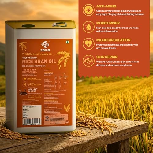 Image of Zama Organic Cold Pressed Rice Bran Oil 5L | Wood Pressed (Kacchi Ghani /Chekku) Cooking Oil | Oryzanol & Omega 6 Rich | High Smoke Point for Deep Frying & Stir Fry | Natural, Unrefined & Chemical Free