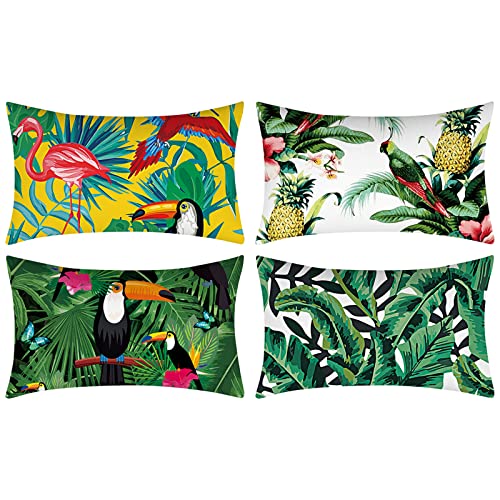 Fullfun Lot de 4 housses de coussin rectangulaires en lin avec flamant rose - Pour canapé, chambre à coucher et coussins d'extérieur - Vert - 30 x 50 cm, (FF-CC-00201-3050)