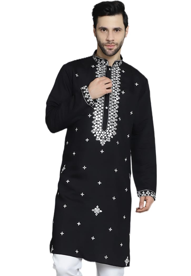 Jompers Men's Black Embroidered Kurtas (Black, Xl)