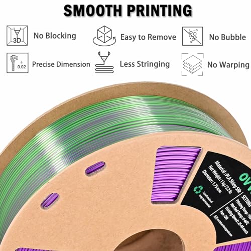Image of OVV3D PLA Filament 1.75mm, 3D Printer Filament Silk PLA Dual Color PLA Filament, Purple Green PLA Filament, Color Change Every Inch Filament 3D Printer Filament + /-0.02mm, 1kg /2.2lb