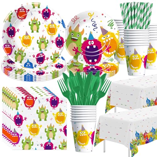 Xigejob Monster Birthday Party Supplies - Monster Party Decorations Tableware, Plate, Cup, Napkin, Tablecloth, Cutlery, Monsters Theme 1st 2nd 3rd Birthday Baby Shower Decorations Dinnerware| Serve 24