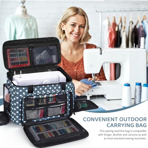 Image of Sewing Machine Carrying Case with Multiple Storage Pockets Large Capacity, Universal Tote Storage Bag Compatible with Most Standard Singer, Brother, Janome, Blue Dots