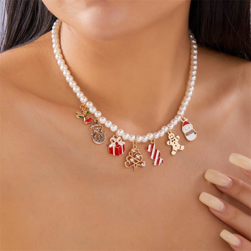 Christmas Necklace for Women Cute Christmas Tree Snowflake Snowman Candy Bell Gingerbread Men Pendant Necklace Elegant Xmas Theme Pearl Choker Charm Necklace Christmas Holiday Winter Party Jewelry - Image 3