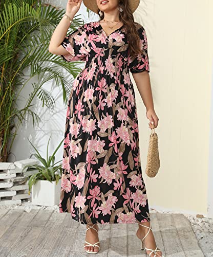 Image of OSTOO Women's Plus Size Hawaii Empire Waist Bat Short Sleeve Casual Floral Print Boho Maxi Dress