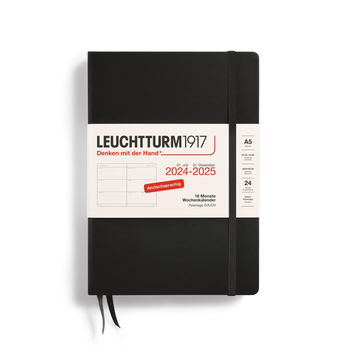 LEUCHTTURM1917 370625 Weekly Planner 2025, Medium A5 Hardcover - 18 Month Planner, 80 g, Lined - Black, Medium (A5)