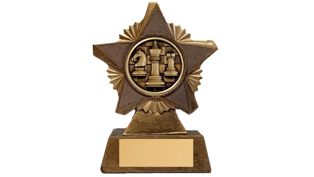 Troshow Antique Gold Chess Trophy Award Premier Star 150Mm Heavy Resin Knight Rook Pawn Free Engraving -Troshow2-Ab